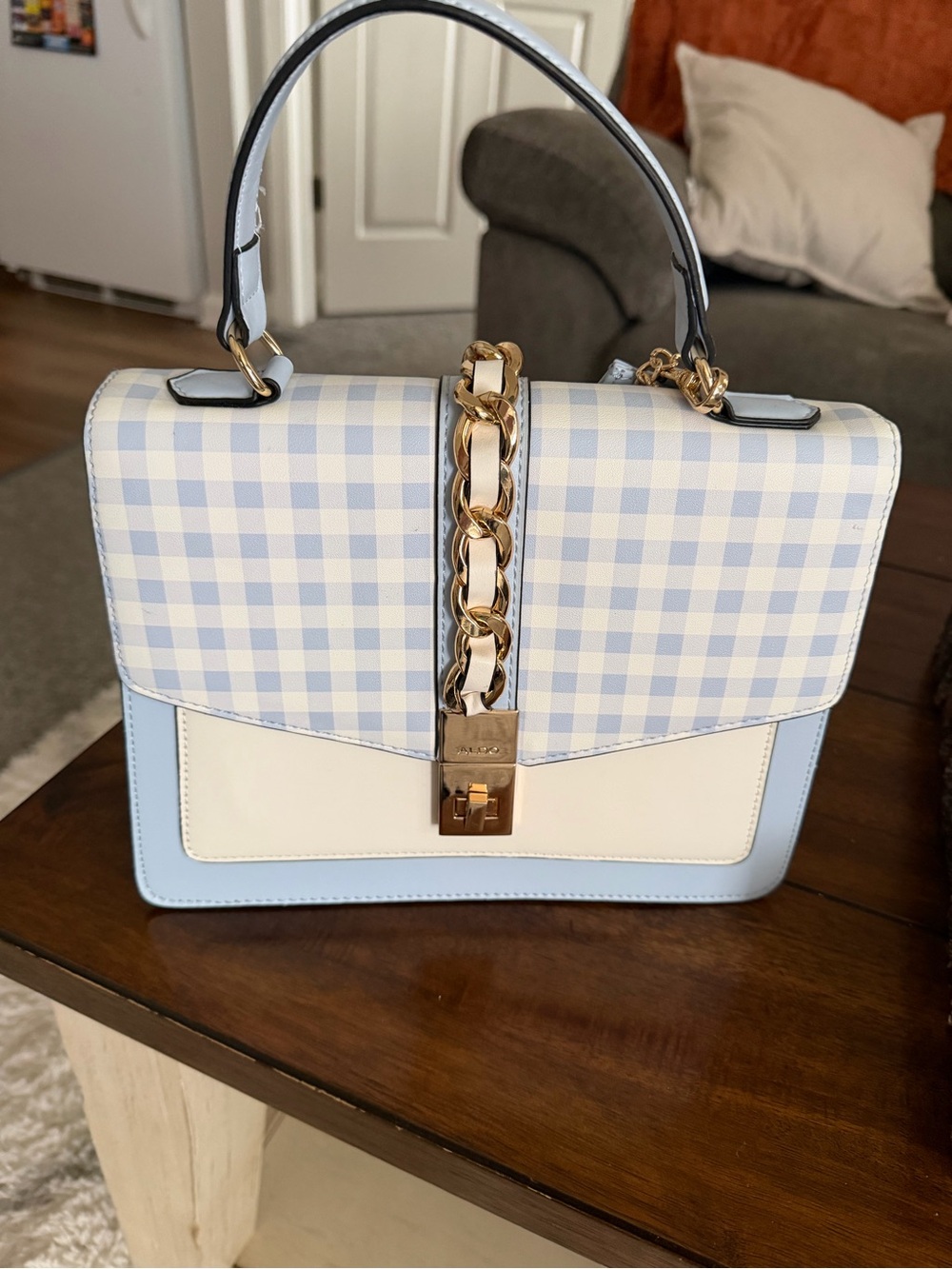 Aldo Checked Blue & White Top-Handle Bag with Gold Chain Accent + wallet
